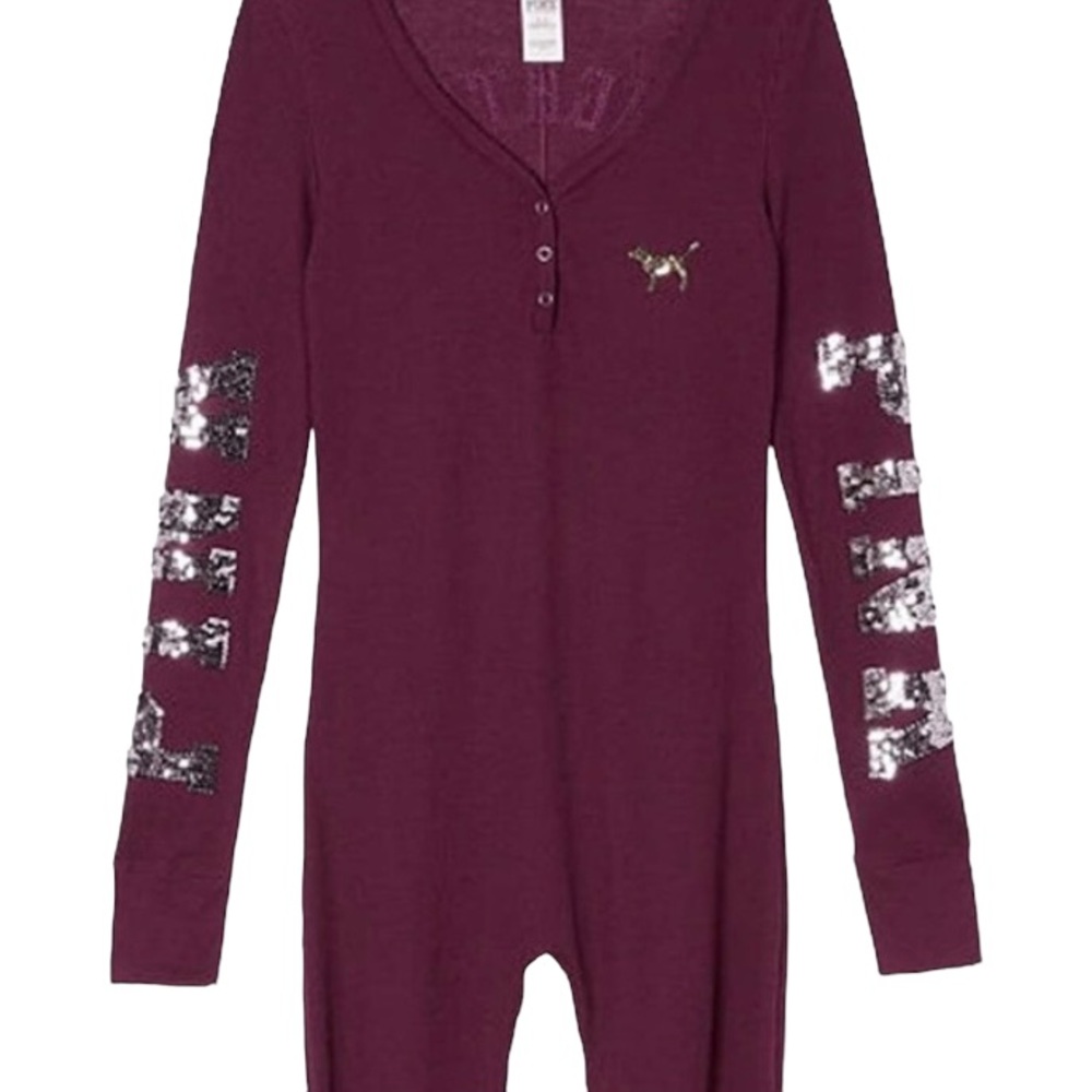 Victoria’s Secret PINK Naughty New Nice Burgundy Sequin Thermal Onesie L - Picture 6 of 13